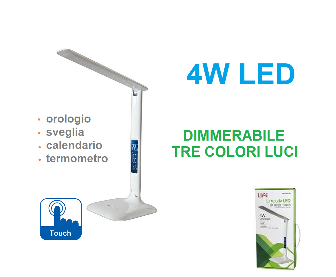 Medialux - Lampada da tavolo plastica nero, cromato, Dimmerabile, Variatore  di luce a tocco, Colore selezionabile, Timer, Orologio, sveglia,  Termometro, Adattatore incluso, Cavo USB incl., Batteria inclusa 1x CR2032  220mah, lxlxa: 250x70x505mm