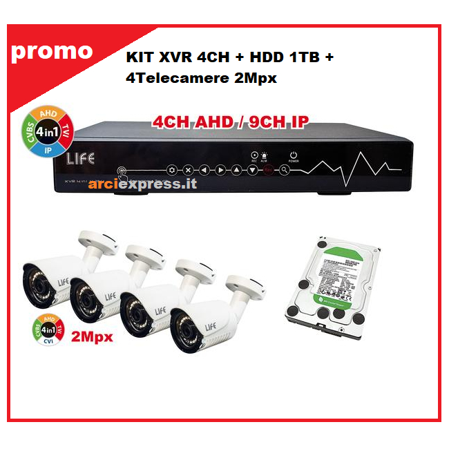 LIFE KIT XVR 4CH + HDD1TB + 4Telecamere 2Mpx 1/2.7" CMOS